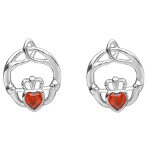 Lade das Bild in den Galerie-Viewer, Claddagh Ohrringe Geburtsstein Granat Januar in Silber 925
