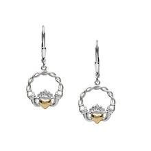 Lade das Bild in den Galerie-Viewer, Claddagh Ohrringe aus Silber mit 10 Karat Gold massiv Herz - Tropfen