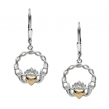 Lade das Bild in den Galerie-Viewer, Claddagh Ohrringe aus Silber mit 10 Karat Gold massiv Herz - Tropfen
