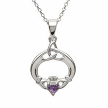 Lade das Bild in den Galerie-Viewer, Irischer Claddagh Anhänger Geburtsstein Februar Silber 925