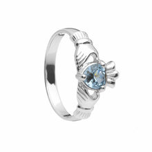 Lade das Bild in den Galerie-Viewer, Irischer Claddagh Ring Geburtsstein März Silber 925
