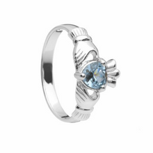 Lade das Bild in den Galerie-Viewer, Irischer Claddagh Ring Geburtsstein März Silber 925