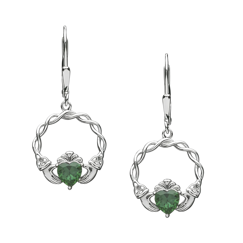 Claddagh Ohrringe mit grünem Zirkon  Silber - Tropfen