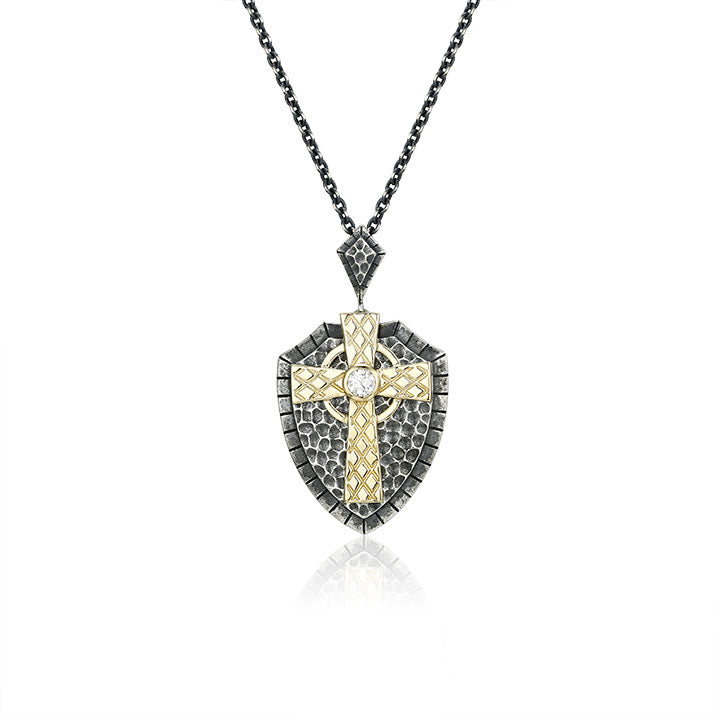 Keltische Kette Silber 925 mit Schildanhänger und vergoldetem Kreuz