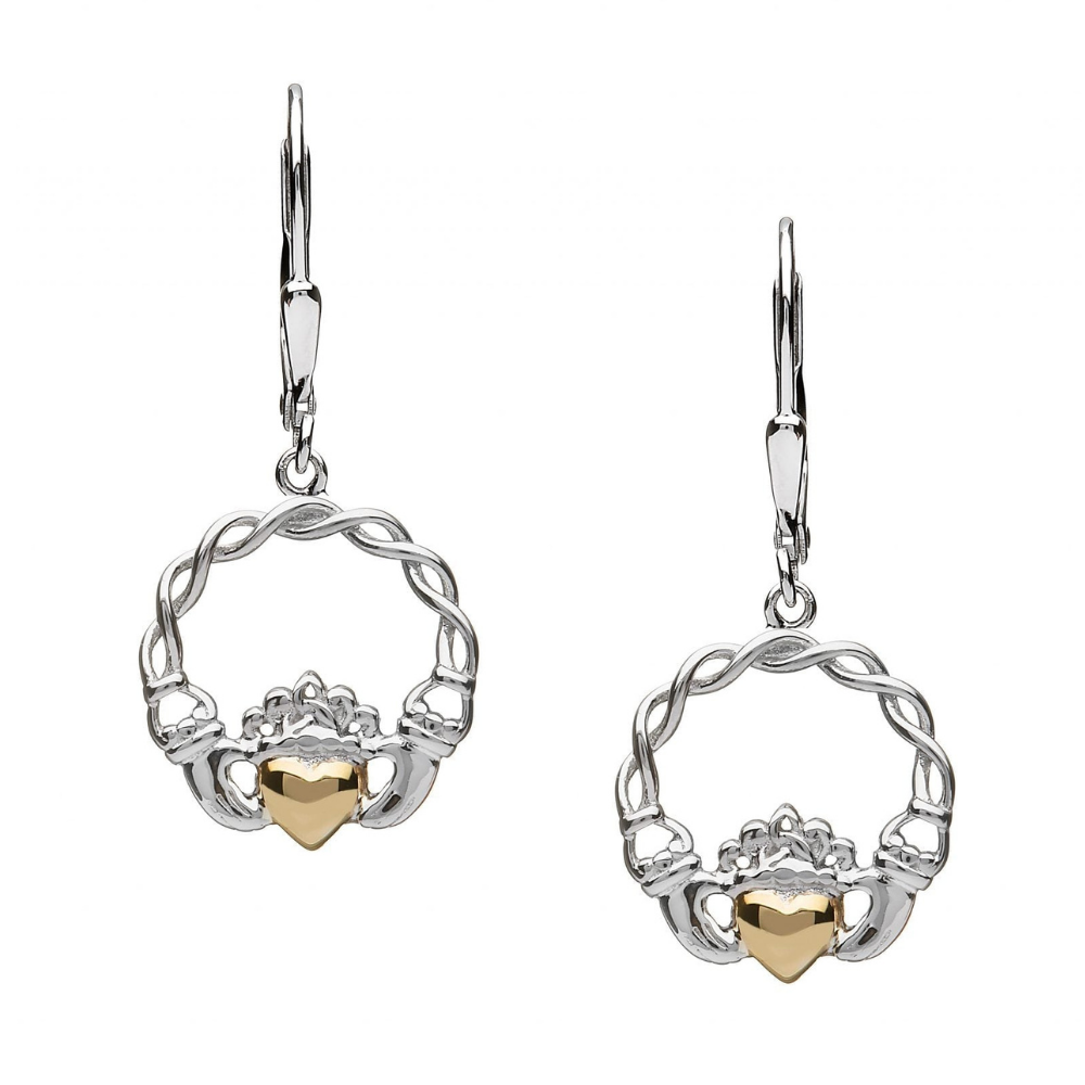 Claddagh Ohrringe aus Silber mit 10 Karat Gold massiv Herz - Tropfen