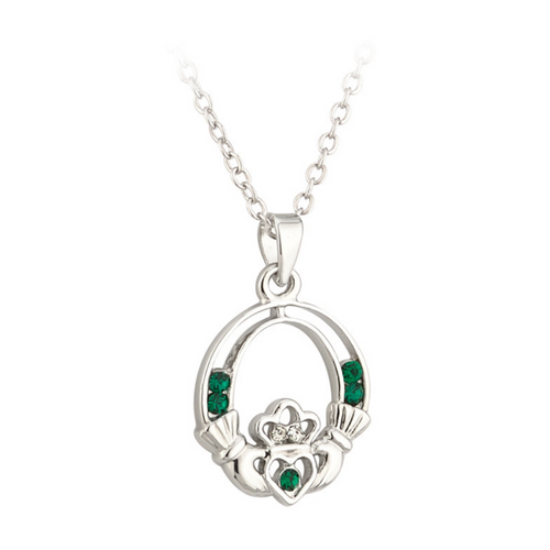 Irische Kette Claddagh grün rhodiniert