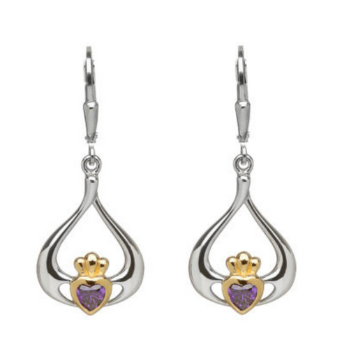 Irische Ohrringe Claddaghherz mit Amethyst Silber 925