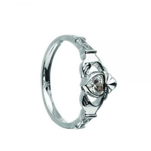 Irischer Claddagh Ring aus Silber mit Monatsstein April