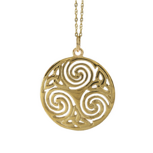 Lade das Bild in den Galerie-Viewer, Keltische Goldkette aus Silber oder 10 ct Gold 416 mit rundem Anhänger Trinity Knot und Spiralen

