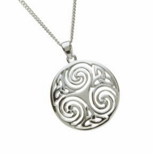 Keltische Goldkette aus Silber oder 10 ct Gold 416 mit rundem Anhänger Trinity Knot und Spiralen