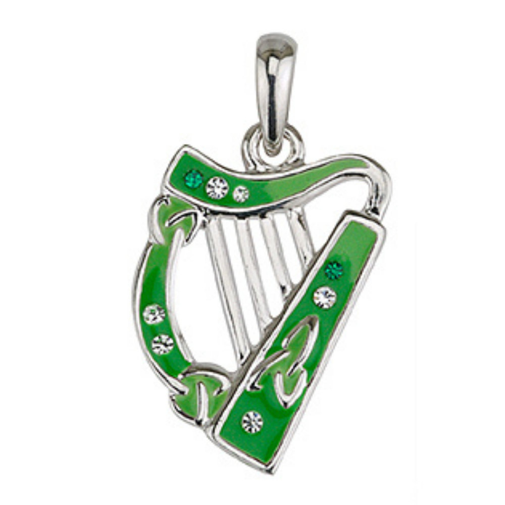 Keltischer Anhänger Harfe grün rhodiniert