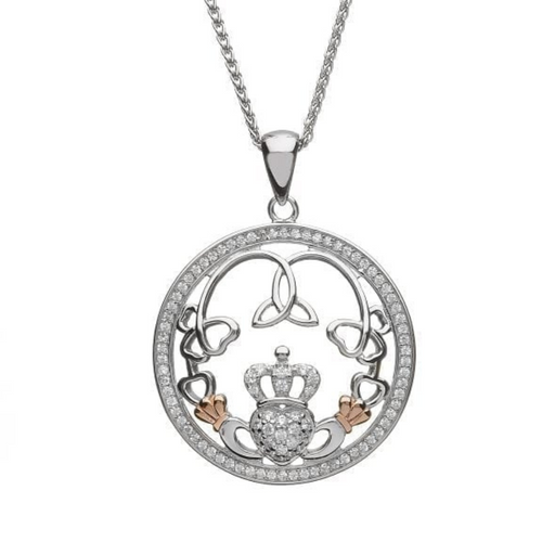 Kette Silber 925 mit keltischem Claddagh und Trinity Anhänger Manschetten aus Rosegold und Zirkonia