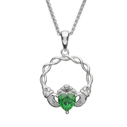 Kette mit Claddaghanhänger Pave und grünem Zirkon Silber 925