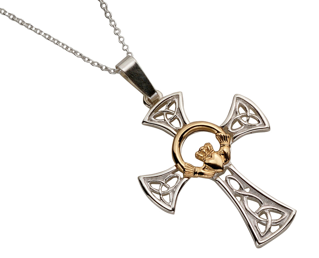 Keltisches Kreuz mit Claddagh Symbol aus Silber 925 und 10 Karat Gold