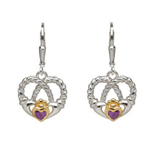Ohrringe Claddagh Herz verdreht mit Amethyst