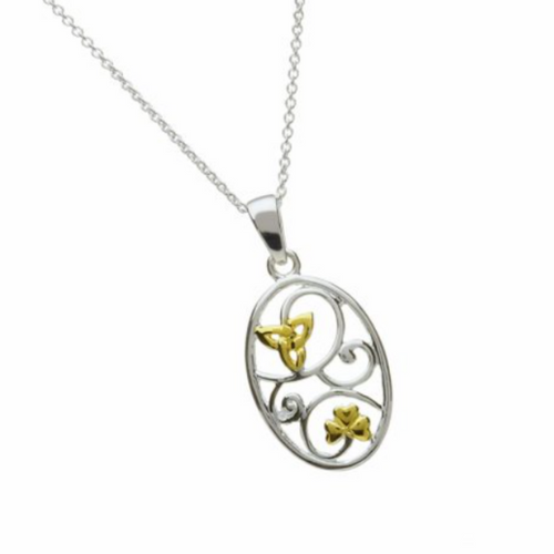 Ovaler Anhänger Silber mit vergoldetem Kleeblatt und Trinity knot