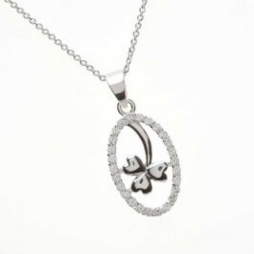 Silberkette mit ovalem irischem Anhänger Kleeblatt mit Zirkon